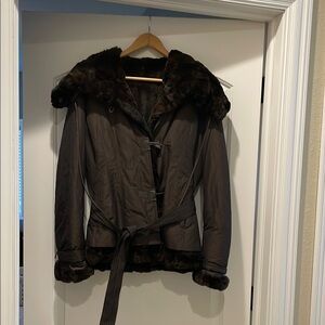 Brown Utility Jacket with Fur Trim and Belted Waist